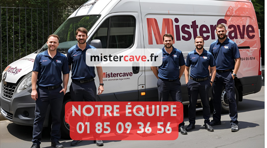 Équipe MisterCave : techniciens qualifiés en rénovation de cave devant leur camion d'intervention à Paris, prêts pour un diagnostic gratuit