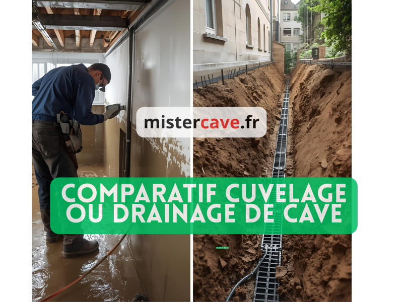 Comparatif cuvelage et drainage de cave : à gauche, technicien appliquant un enduit hydrofuge de cuvelage sur les murs d'une cave humide ; à droite, installation d'un drain périphérique dans une tranchée autour des fondations d'un pavillon parisien