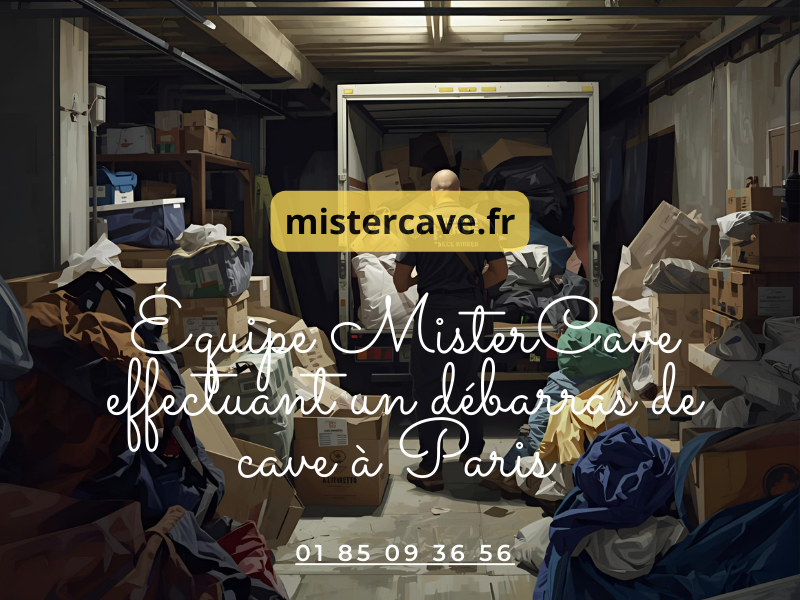 Équipe MisterCave effectuant un débarras de cave à Paris : tri des objets, chargement dans camion et évacuation des encombrants