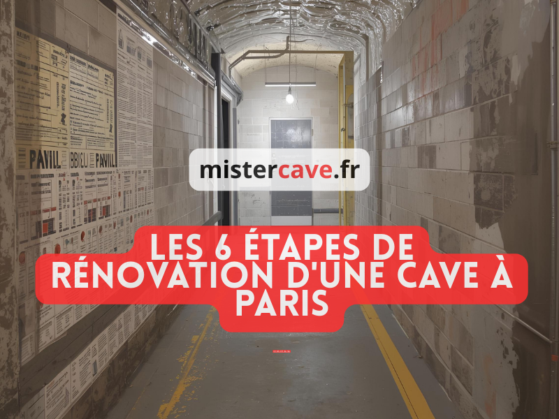 Les 6 étapes de rénovation d'une cave à Paris : de gauche à droite, diagnostic avec hygromètre, débarras et nettoyage, traitement d'humidité par injection, pose d'isolation au plafond, installation électrique aux normes, et finitions avec peinture anti-humidité