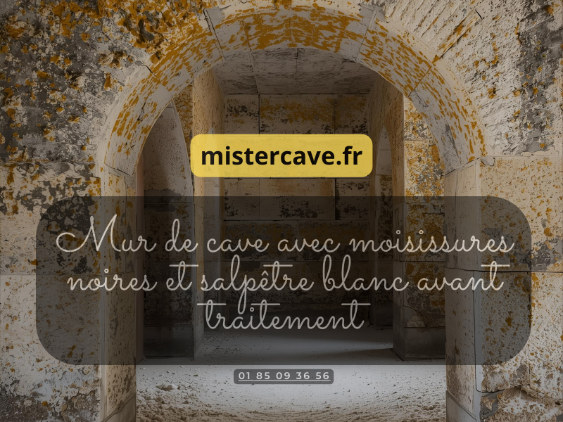 Mur de cave avec moisissures noires et salpêtre blanc avant traitement : efflorescences salines en bas du mur et taches de champignons près du plafond