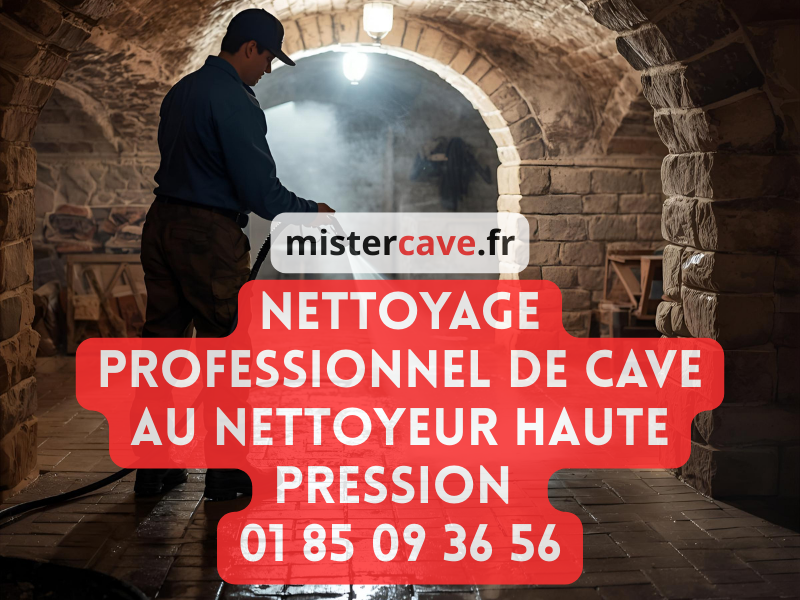 Nettoyage professionnel de cave au nettoyeur haute pression : un technicien équipé nettoie les murs en pierre avec un karcher professionnel 200 bars