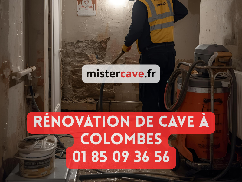 Rénovation de cave à Colombes : technicien MisterCave effectuant un traitement anti-humidité dans une cave d'immeuble du quartier Europe, avec équipement professionnel de cuvelage