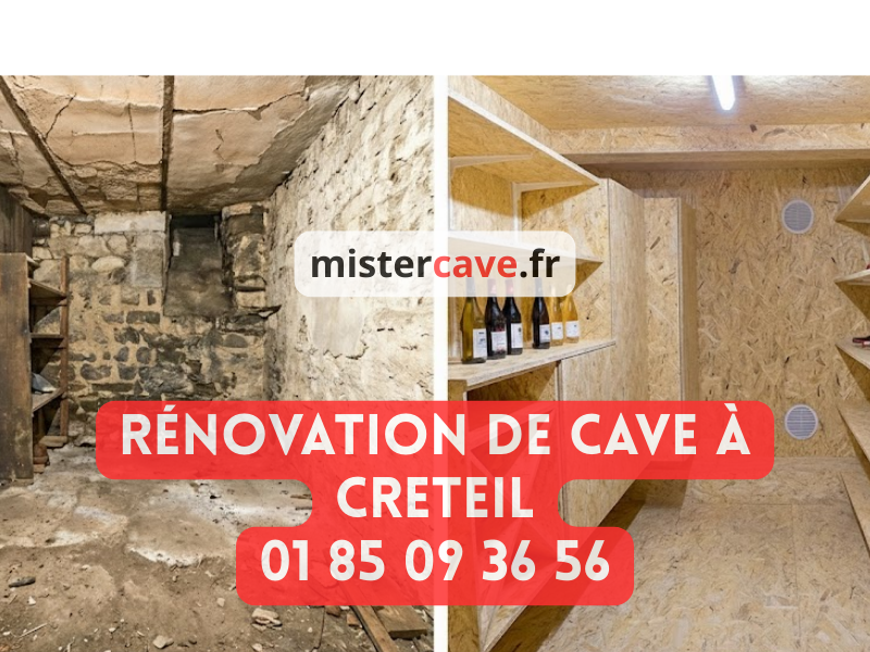 Rénovation de cave à Créteil : technicien MisterCave réalisant un traitement anti-humidité dans la cave d'une résidence du quartier du Lac, avec équipement professionnel de cuvelage et drainage