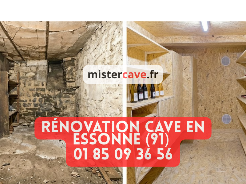 Rénovation cave en Essonne : traitement humidité et isolation dans une cave de pavillon avec murs en parpaings, sol béton et traitement anti-remontées capillaires