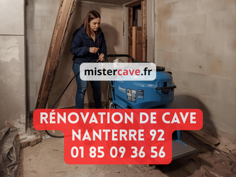 Rénovation de cave à Nanterre : technicien MisterCave réalisant un traitement anti-humidité dans la cave d'un pavillon du quartier du Mont-Valérien, avec équipement professionnel de cuvelage