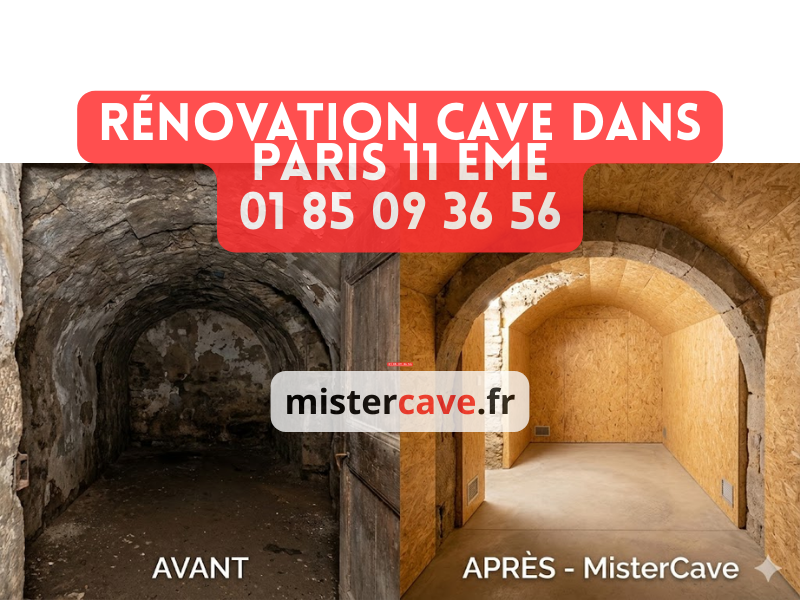 Rénovation de cave dans le 11e arrondissement de Paris : avant-après d'une cave voûtée en pierre typique du quartier Bastille-Oberkampf, traitement humidité et enduit de finition par l'équipe MisterCave