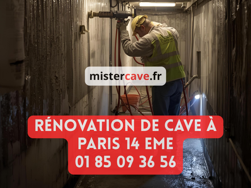 Rénovation de cave Paris 14e : technicien MisterCave réalisant un cuvelage dans une cave voûtée du quartier Montparnasse, avec traitement spécifique adapté aux zones de carrières souterraines