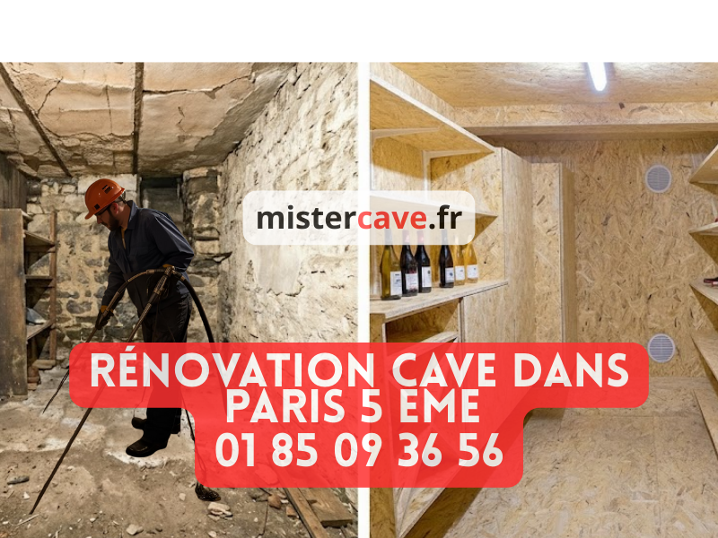 Rénovation de cave Paris 5e : technicien MisterCave effectuant un traitement anti-humidité dans une cave voûtée en pierre du Quartier Latin, avec équipement professionnel de cuvelage adapté au patrimoine historique