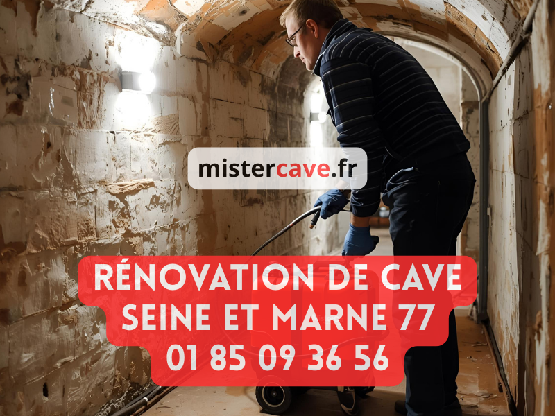 Rénovation de cave en Seine-et-Marne : technicien MisterCave réalisant un traitement anti-humidité dans la cave d'un pavillon briard à Meaux, avec équipement professionnel d'injection de résine contre les remontées capillaires liées aux sols argileux de la Brie