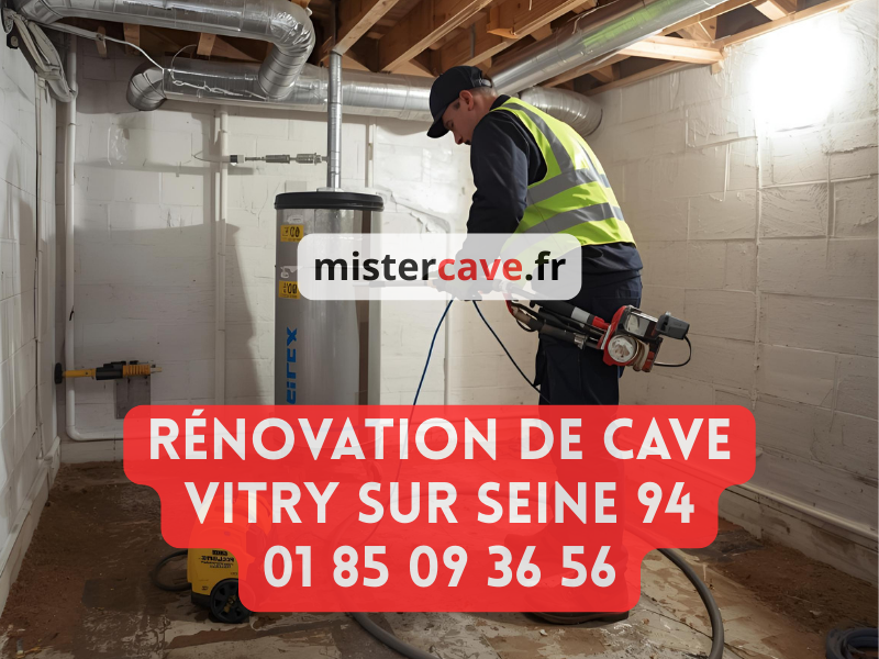 Rénovation de cave à Vitry-sur-Seine : technicien MisterCave réalisant un traitement anti-humidité dans la cave d'un pavillon du quartier du Plateau, avec équipement professionnel d'injection de résine