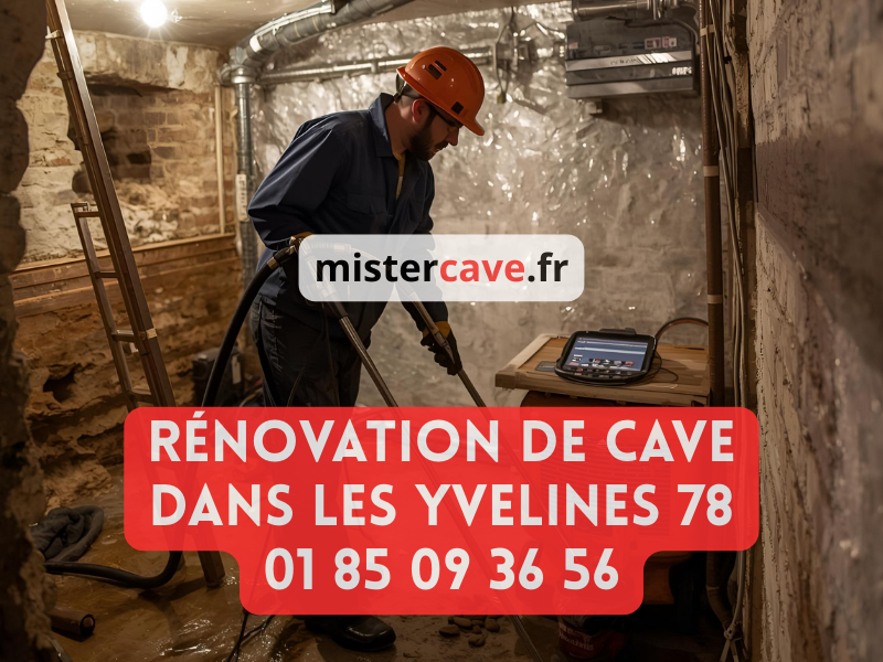 Rénovation de cave dans les Yvelines : technicien MisterCave effectuant un traitement anti-humidité dans la cave voûtée d'une maison bourgeoise de Versailles, avec techniques respectueuses du patrimoine