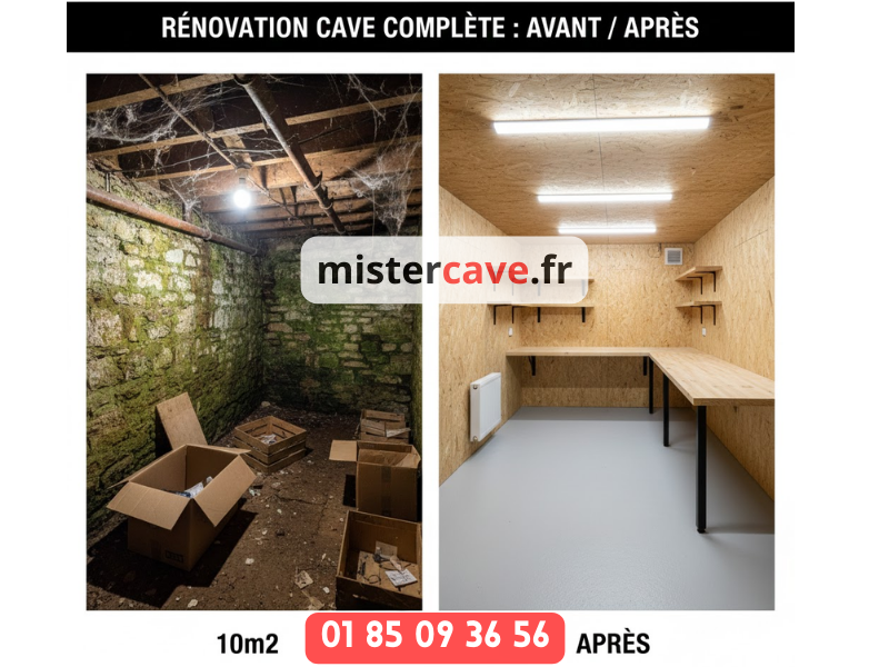 Transformation d'une cave en bureau moderne : espace de travail lumineux aménagé dans un sous-sol avec isolation, éclairage LED, mobilier contemporain et ventilation mécanique, réalisé par MisterCave