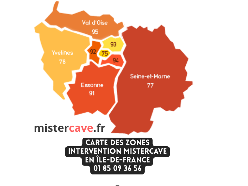Carte des zones d'intervention MisterCave en Île-de-France : Paris et les 7 départements de la région couverts pour la rénovation et le traitement des caves